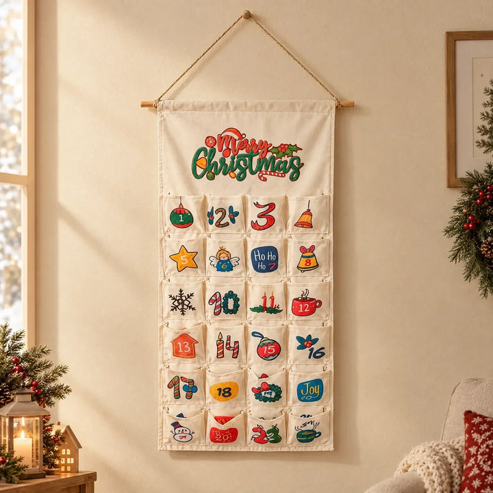 Reusable Fillable Hanging Advent Calendar – Fabric &amp; Wood Wall Calendar with 24 Pockets