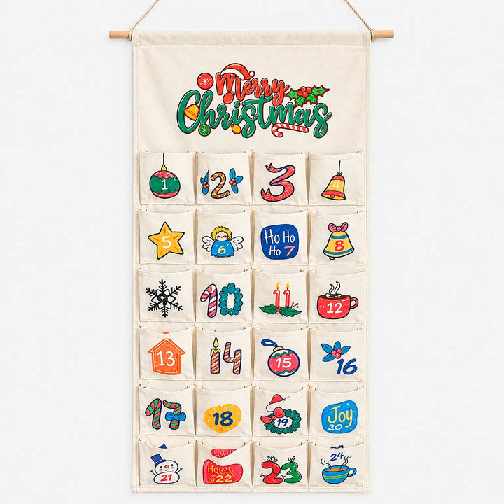 Reusable Fillable Hanging Advent Calendar – Fabric &amp; Wood Wall Calendar with 24 Pockets