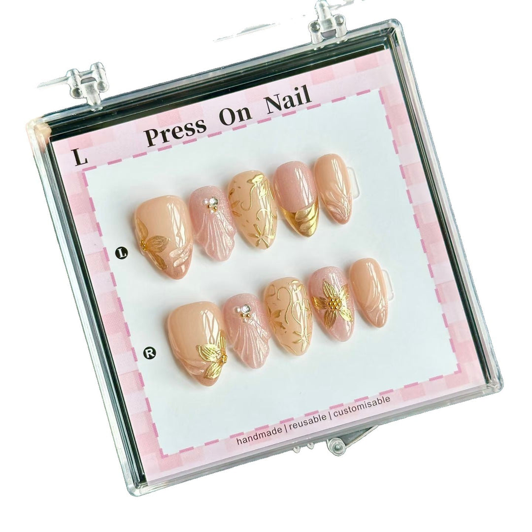 Reusable Floral Press-On Nail Set with Decorative Gold Accents