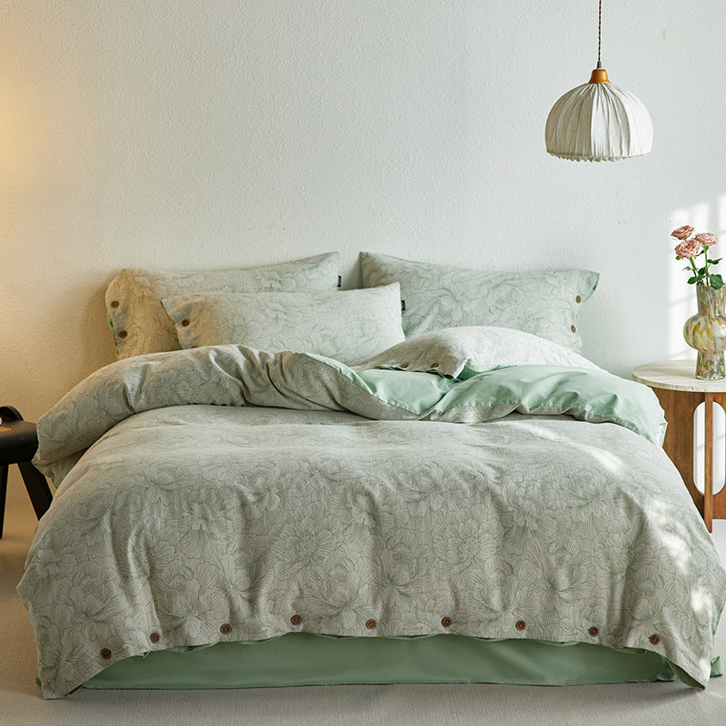 Reversible Cotton-Linen Bedding Set with Floral Jacquard and Wooden Button Closure