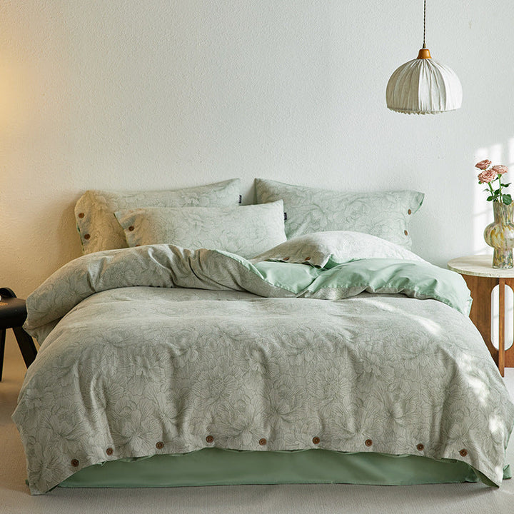 Reversible Cotton-Linen Bedding Set with Floral Jacquard and Wooden Button Closure