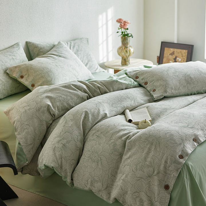 Reversible Cotton-Linen Bedding Set with Floral Jacquard and Wooden Button Closure