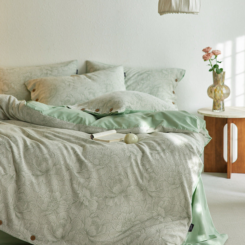 Reversible Cotton-Linen Bedding Set with Floral Jacquard and Wooden Button Closure