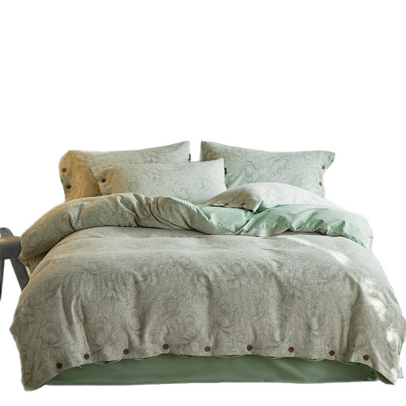 Reversible Cotton-Linen Bedding Set with Floral Jacquard and Wooden Button Closure