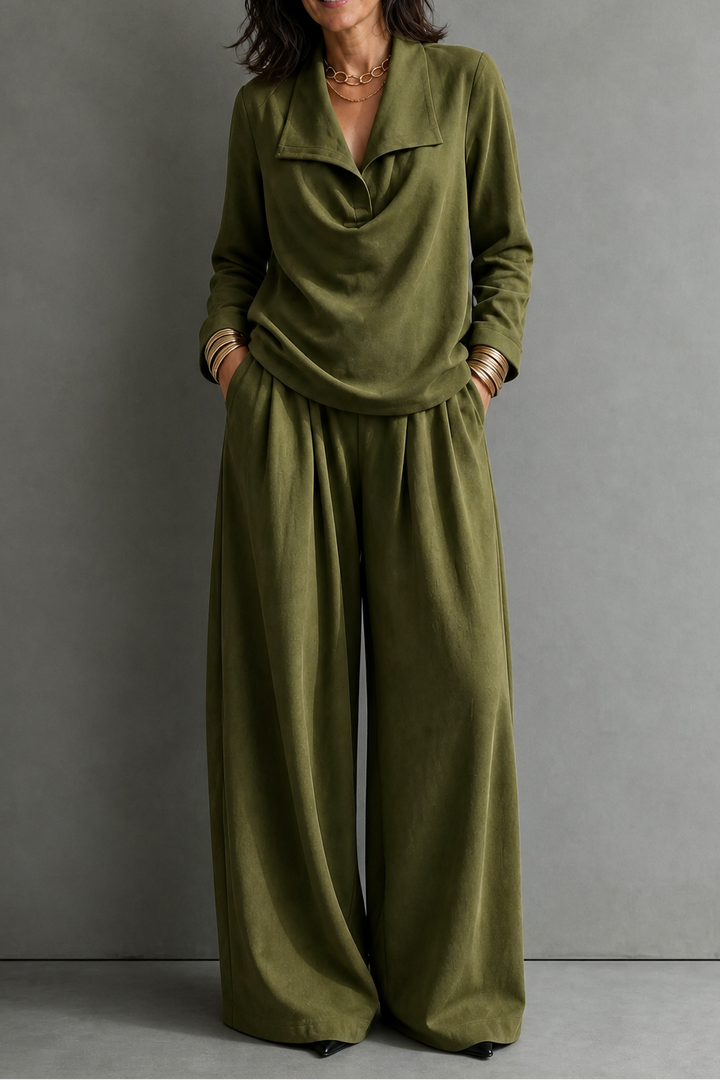 Ribbed Knit Draped Top and Trousers Set
