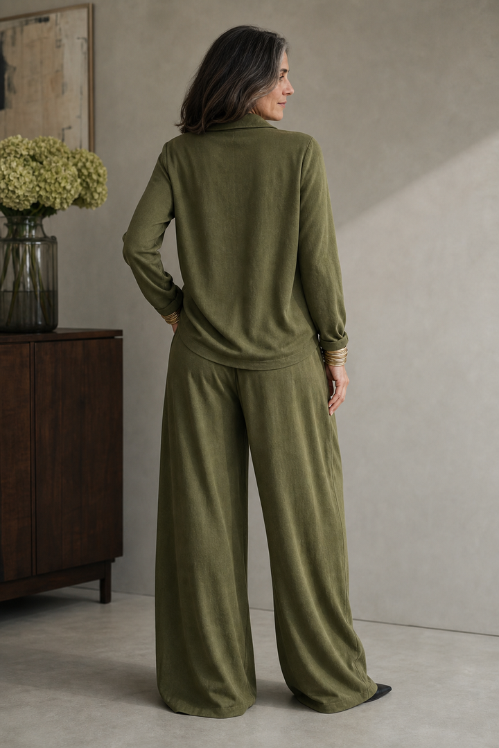 Ribbed Knit Draped Top and Trousers Set