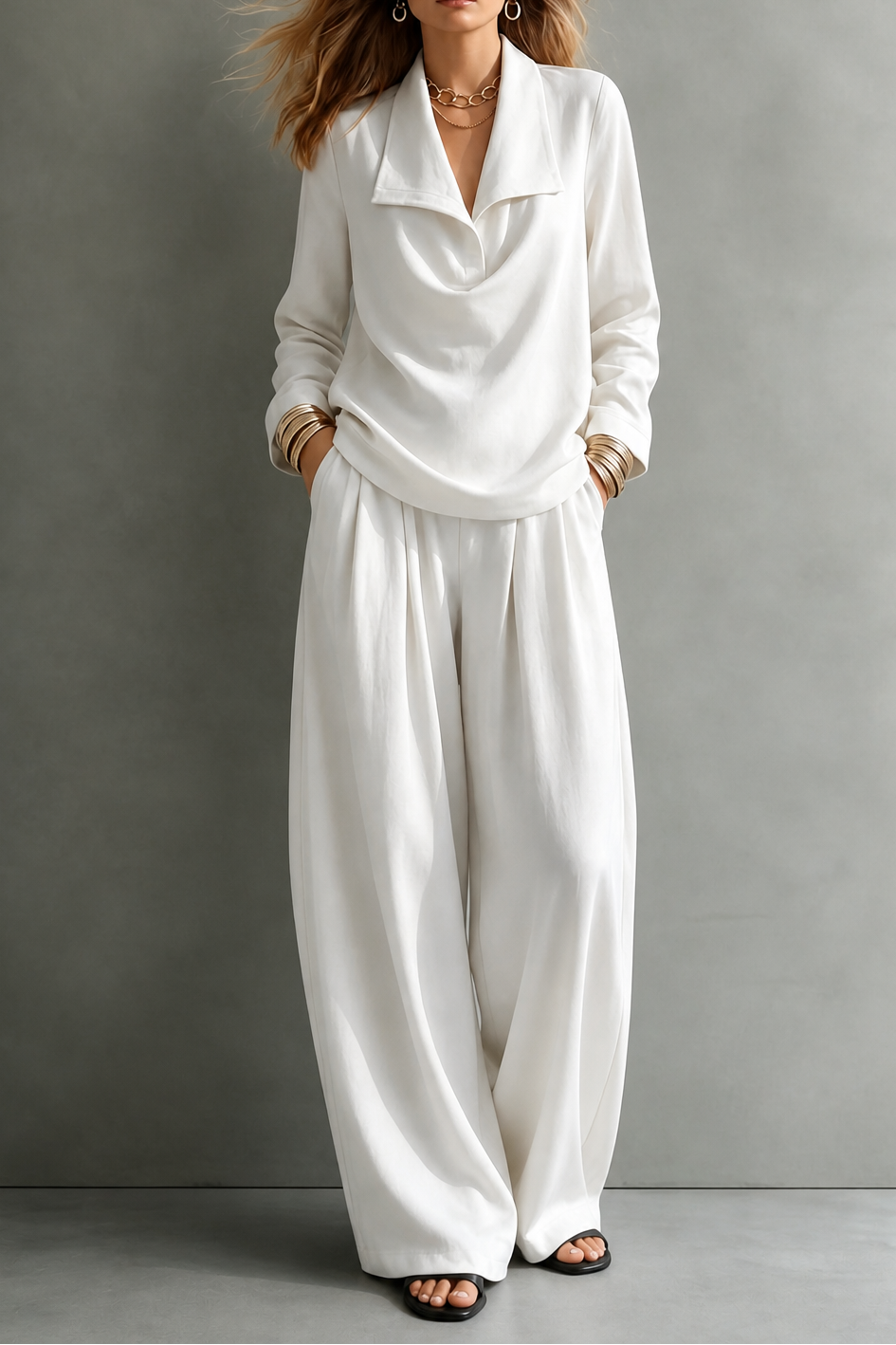 Ribbed Knit Draped Top and Trousers Set