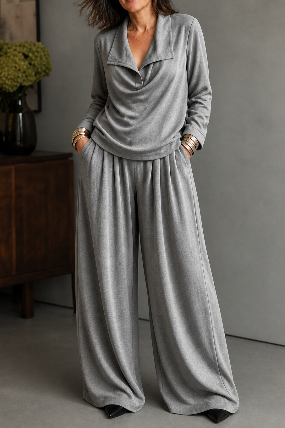Ribbed Knit Draped Top and Trousers Set