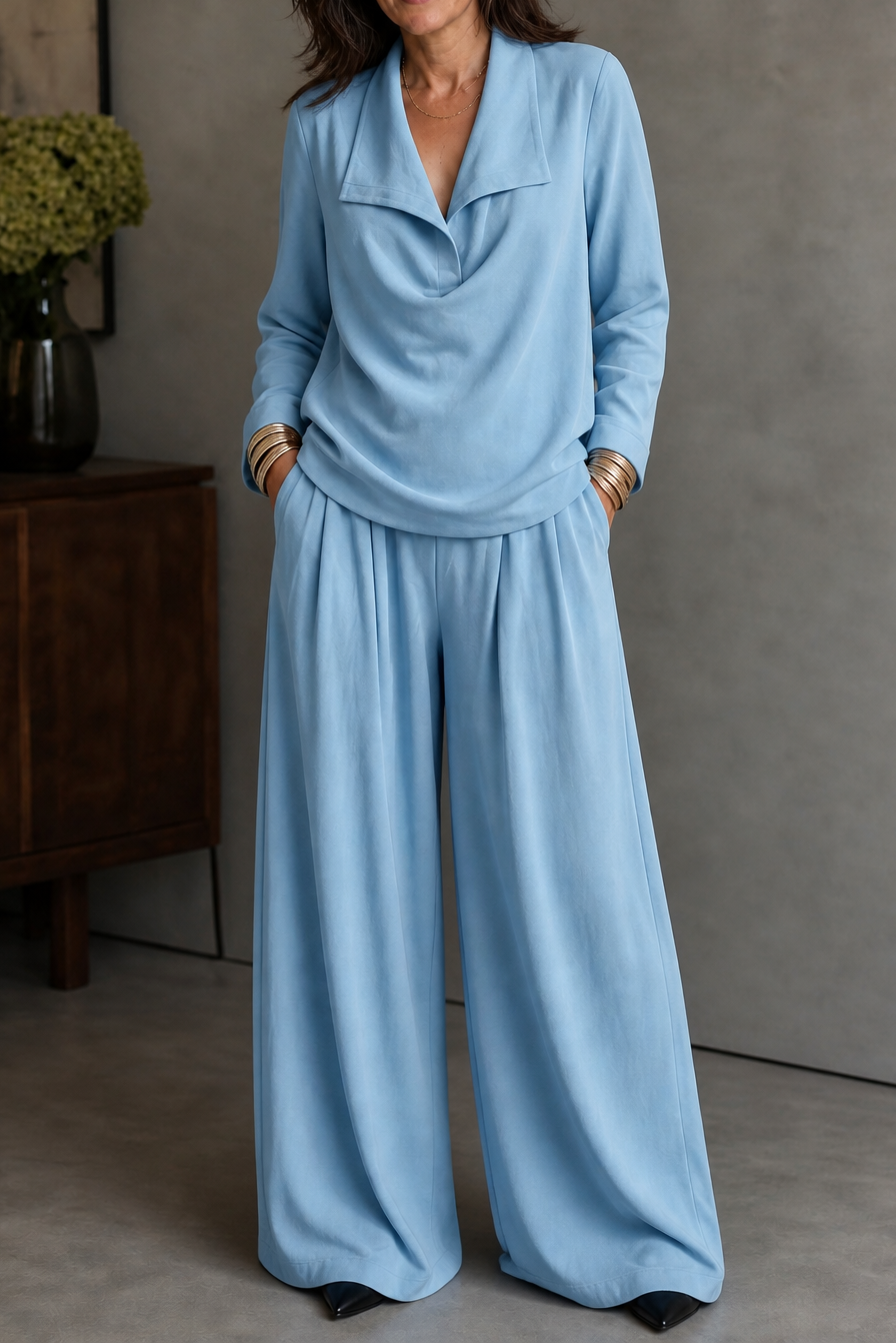 Ribbed Knit Draped Top and Trousers Set
