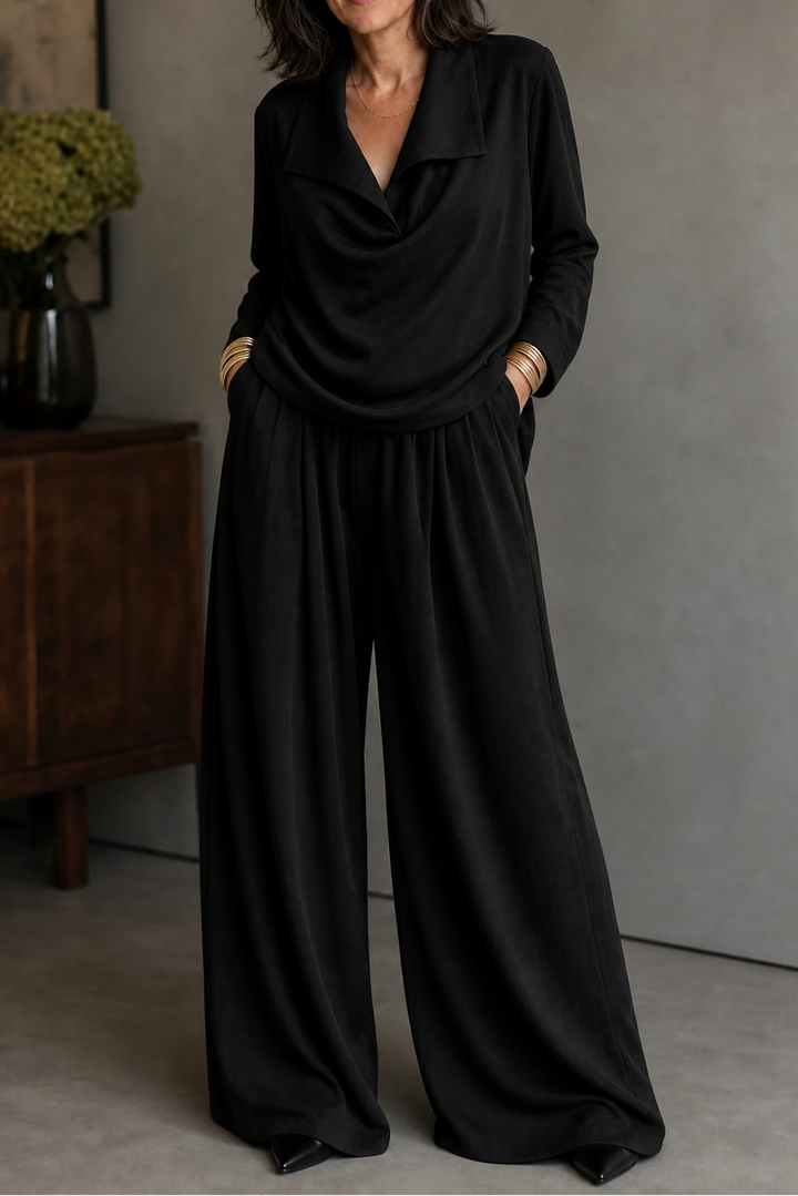 Ribbed Knit Draped Top and Trousers Set