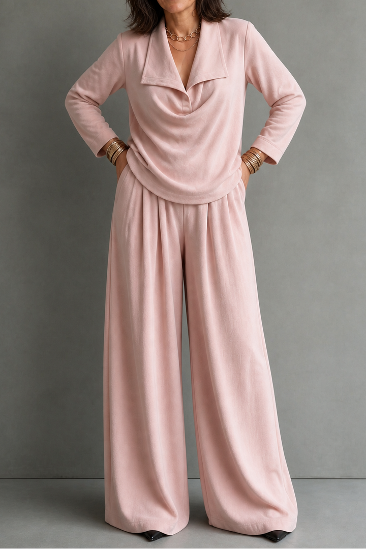 Ribbed Knit Draped Top and Trousers Set