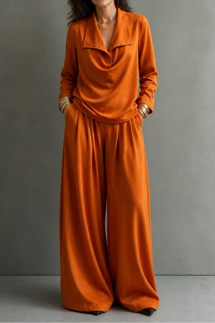 Ribbed Knit Draped Top and Trousers Set