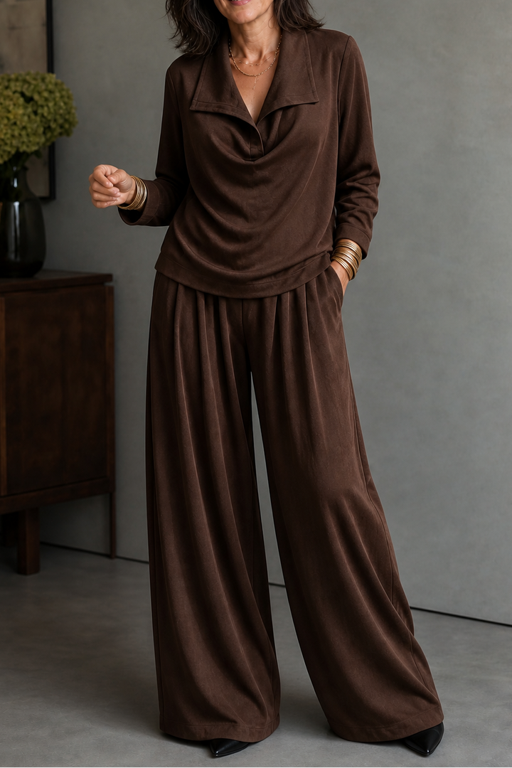 Ribbed Knit Draped Top and Trousers Set