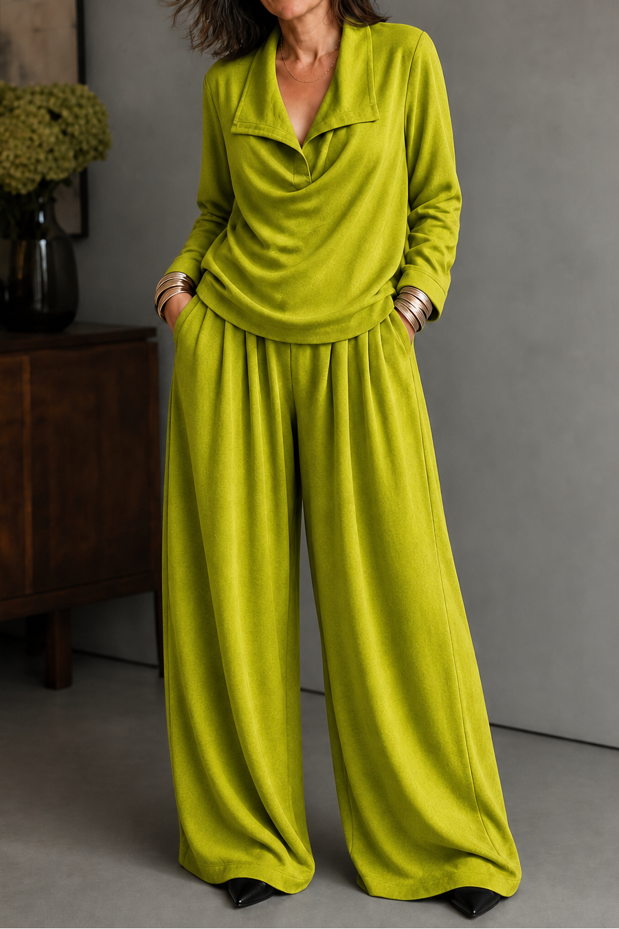 Ribbed Knit Draped Top and Trousers Set