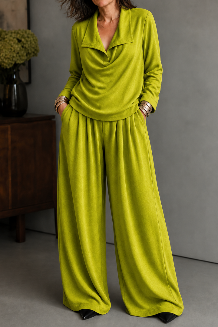 Ribbed Knit Draped Top and Trousers Set