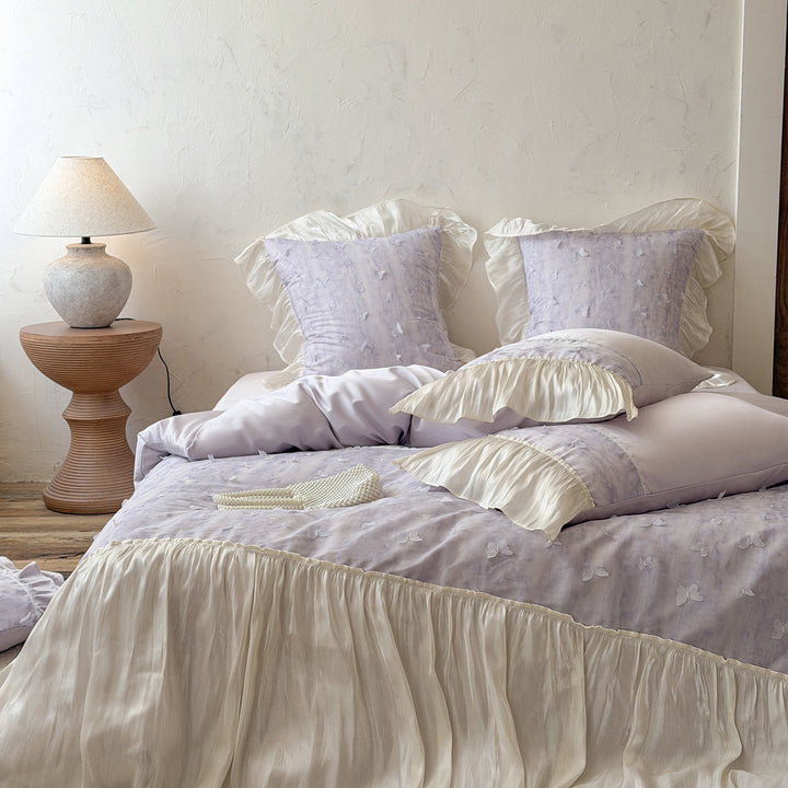 Romantic Bedding Set with Ruffles, Gathered Bed Skirt and 3D Floral Appliques