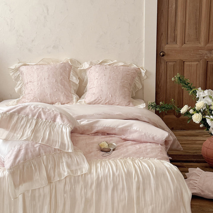 Romantic Bedding Set with Ruffles, Gathered Bed Skirt and 3D Floral Appliques