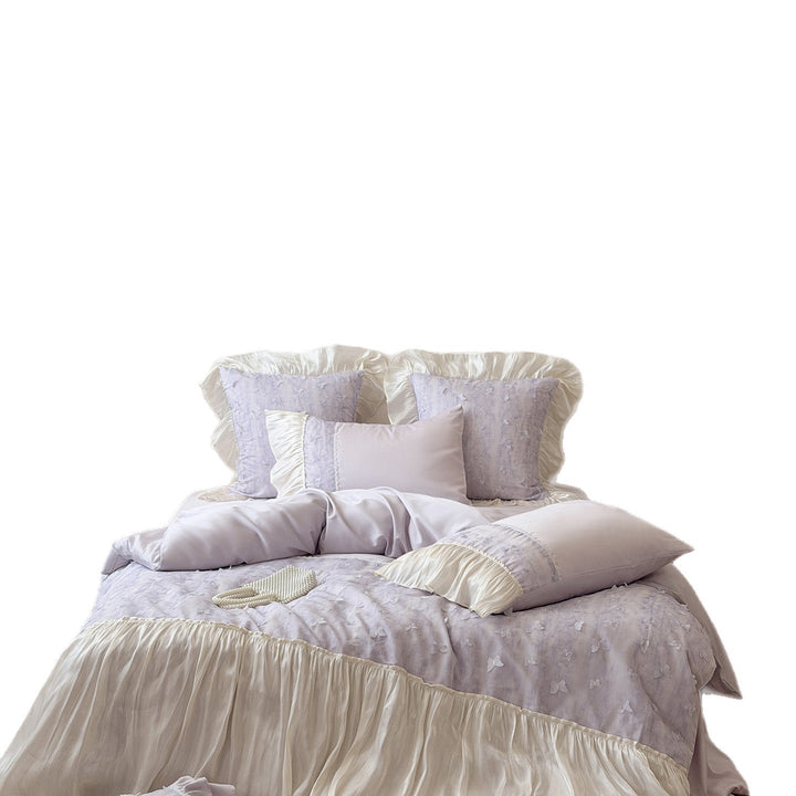 Romantic Bedding Set with Ruffles, Gathered Bed Skirt and 3D Floral Appliques
