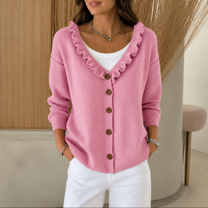Ruffle Collar Stretch-Knit Cardigan