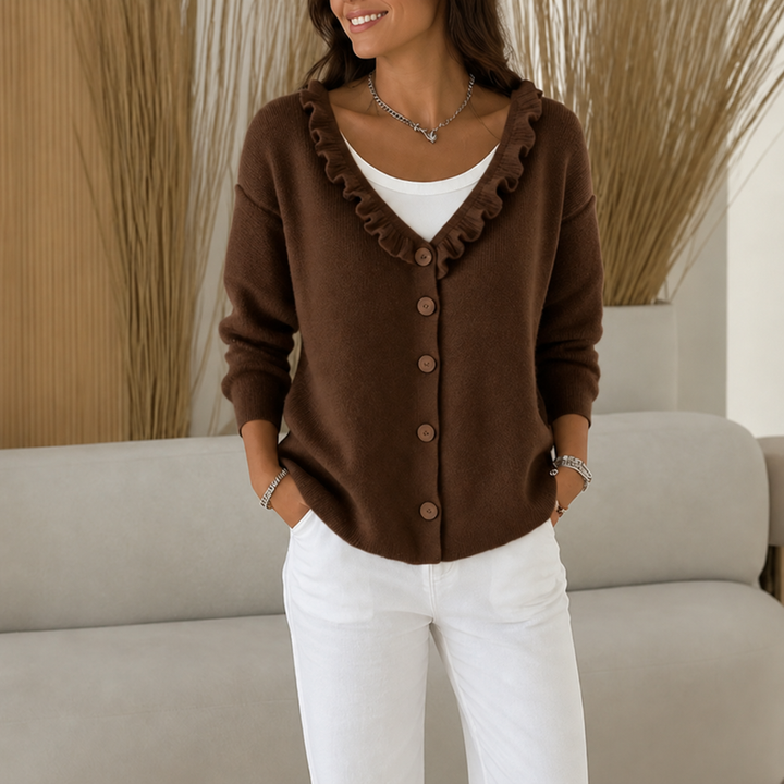 Ruffle Collar Stretch-Knit Cardigan