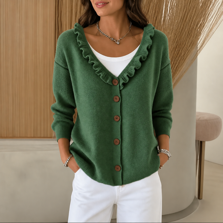 Ruffle Collar Stretch-Knit Cardigan