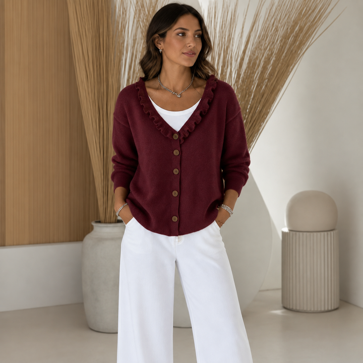 Ruffle Collar Stretch-Knit Cardigan