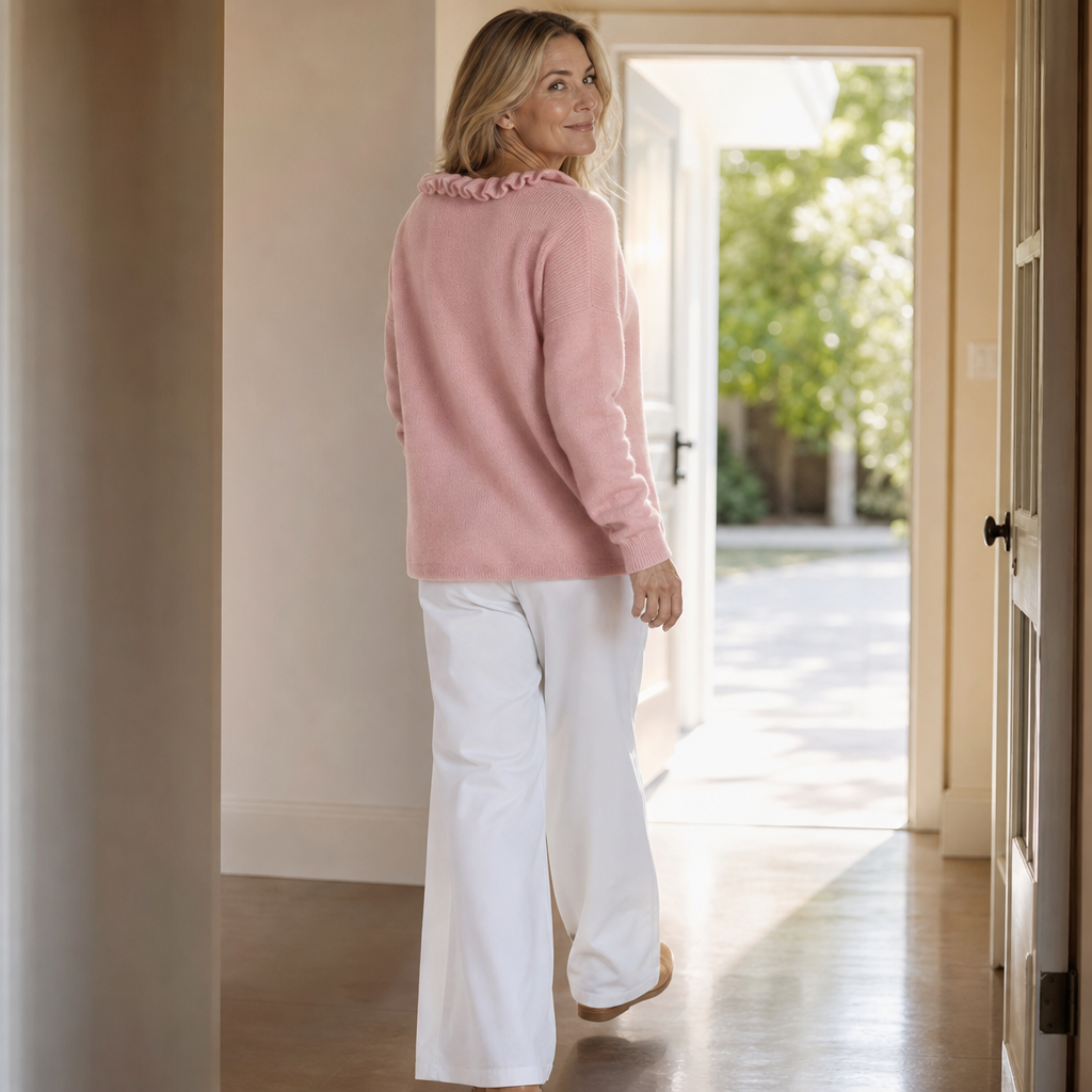 Ruffle Collar Stretch-Knit Cardigan
