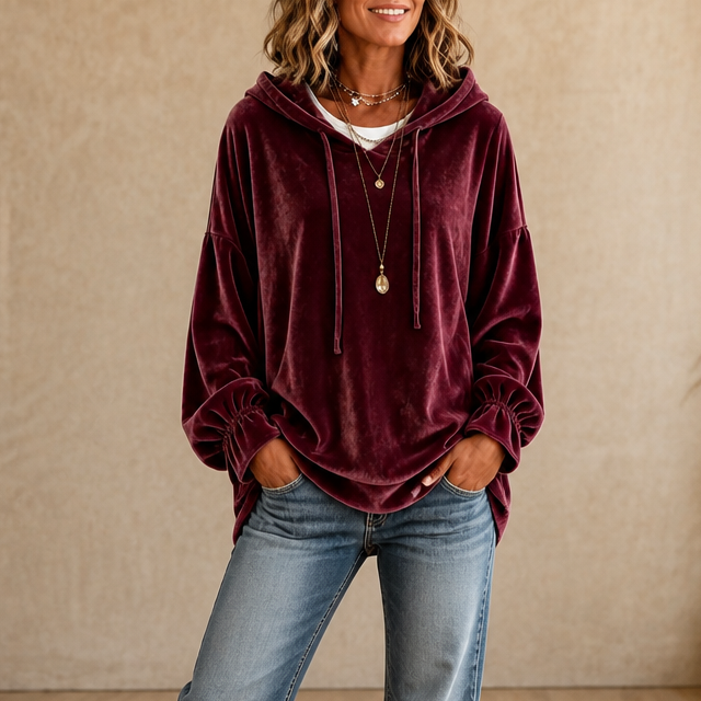 Ruffle Cuff Velvet Relaxed Hoodie