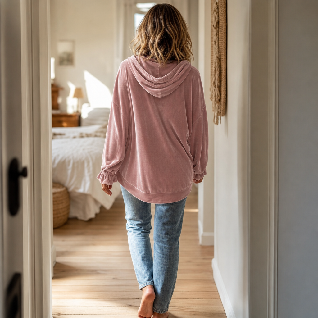 Ruffle Cuff Velvet Relaxed Hoodie
