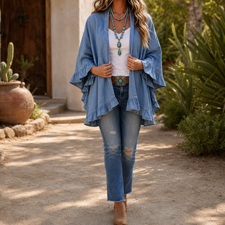 Ruffle-Trim Open-Front Denim Look Cardigan