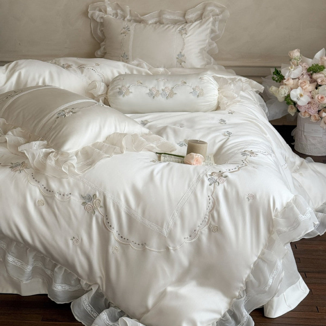 Satin Bedding Set with Floral Embroidery and Ruffles