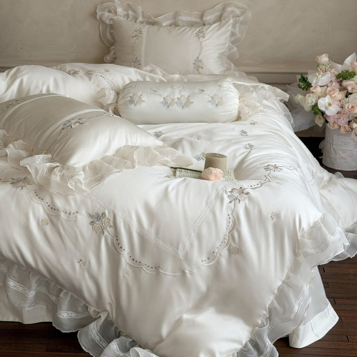 Satin Bedding Set with Floral Embroidery and Ruffles