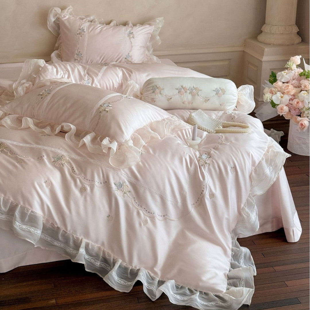 Satin Bedding Set with Floral Embroidery and Ruffles