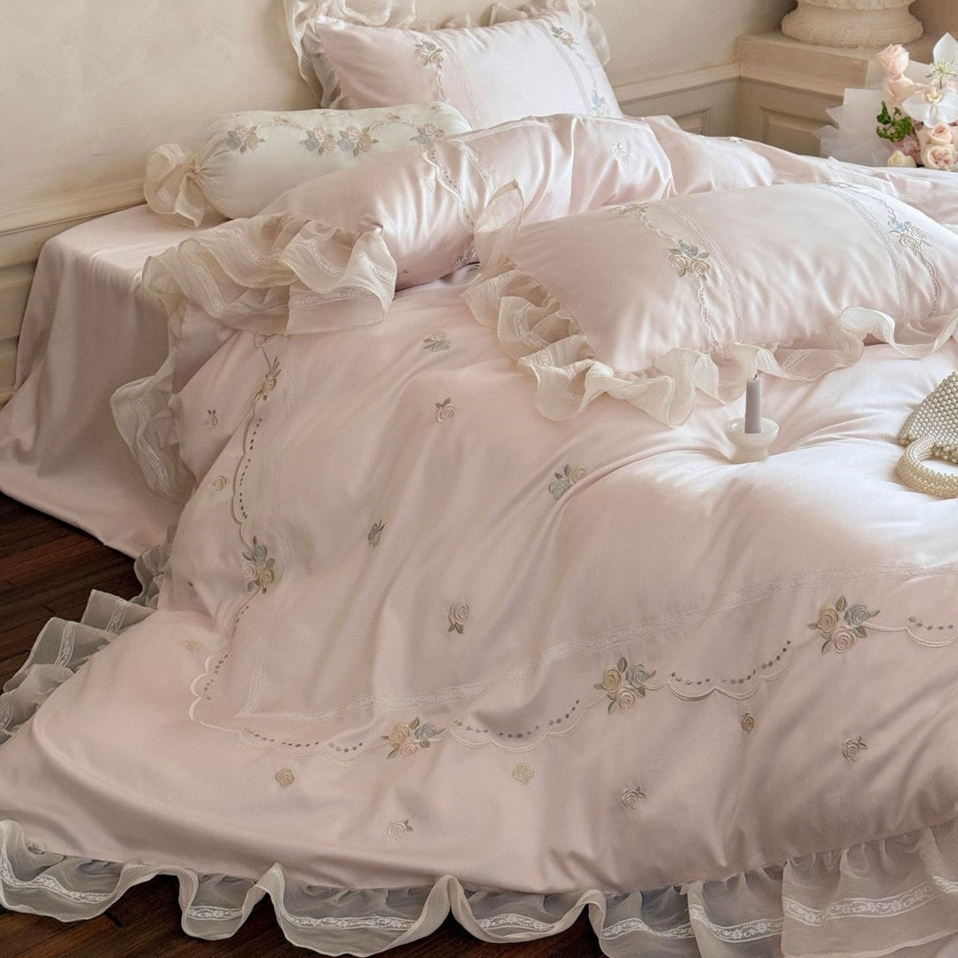 Satin Bedding Set with Floral Embroidery and Ruffles