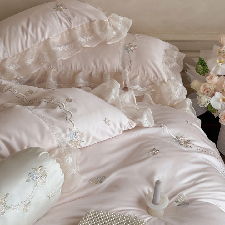 Satin Bedding Set with Floral Embroidery and Ruffles