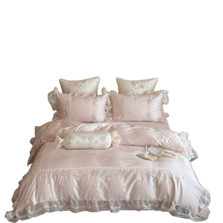 Satin Bedding Set with Floral Embroidery and Ruffles