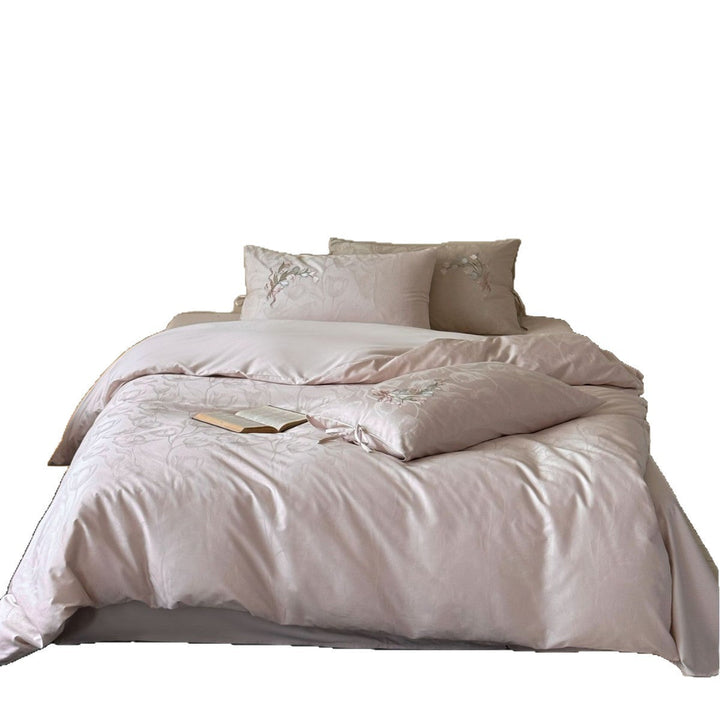 Satin Bedding Set with Floral Jacquard Texture and Fine Floral Embroidery