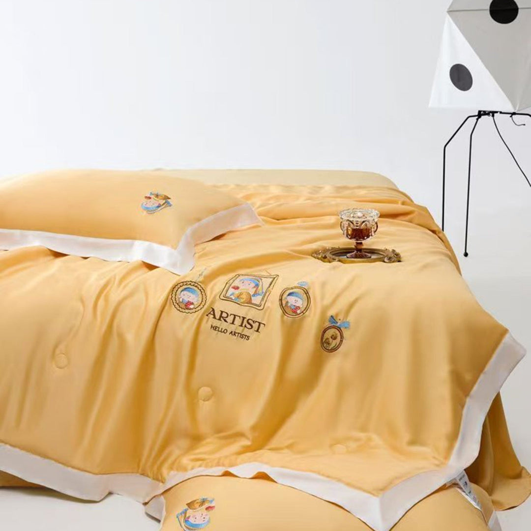 Satin Bedding Set with Illustrative Portrait Embroidery and Fine Satin Trim