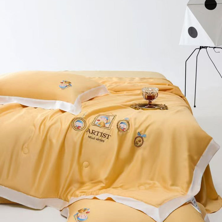 Satin Bedding Set with Illustrative Portrait Embroidery and Fine Satin Trim