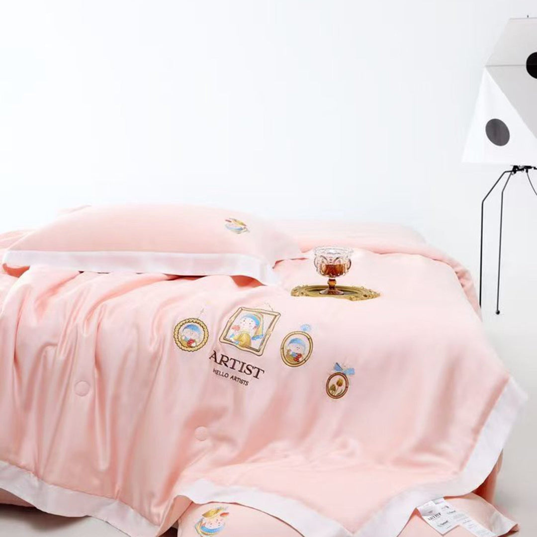 Satin Bedding Set with Illustrative Portrait Embroidery and Fine Satin Trim