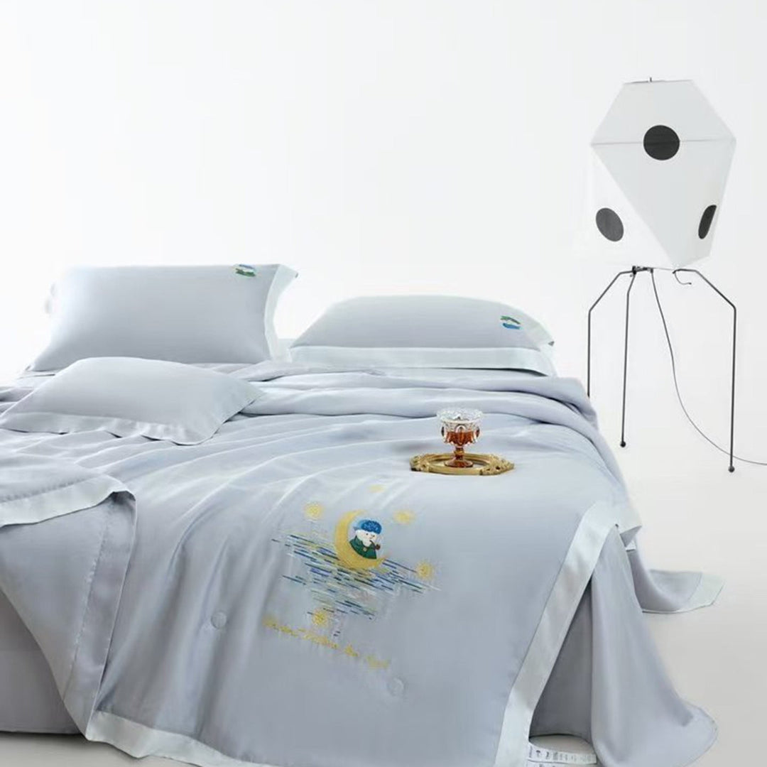 Satin Bedding Set with Illustrative Portrait Embroidery and Fine Satin Trim