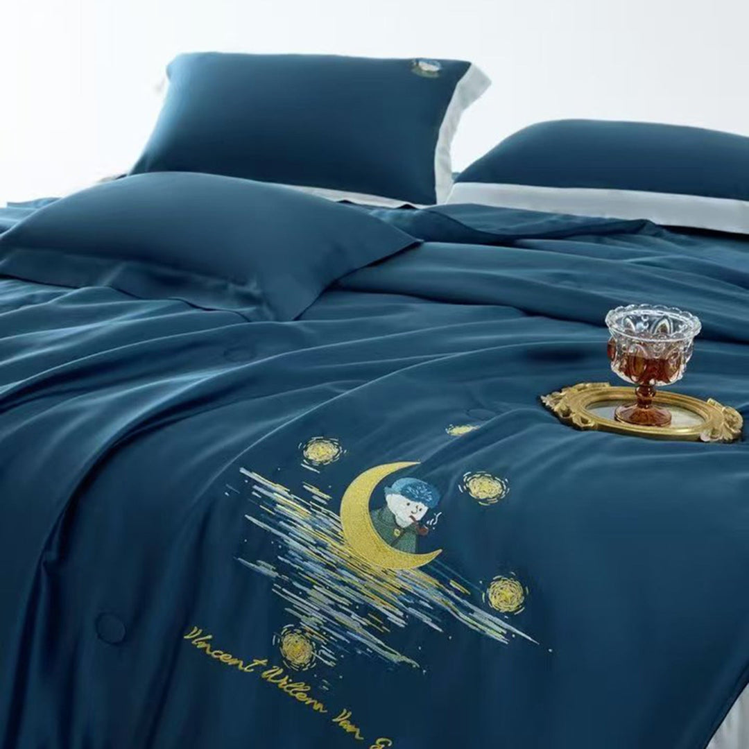 Satin Bedding Set with Illustrative Portrait Embroidery and Fine Satin Trim