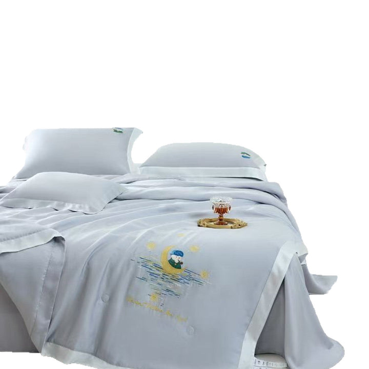 Satin Bedding Set with Illustrative Portrait Embroidery and Fine Satin Trim