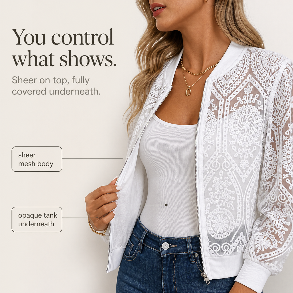 Sheer Floral Lace Bomber Jacket