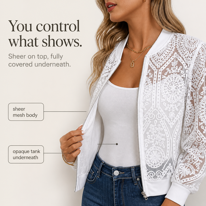 Sheer Floral Lace Bomber Jacket