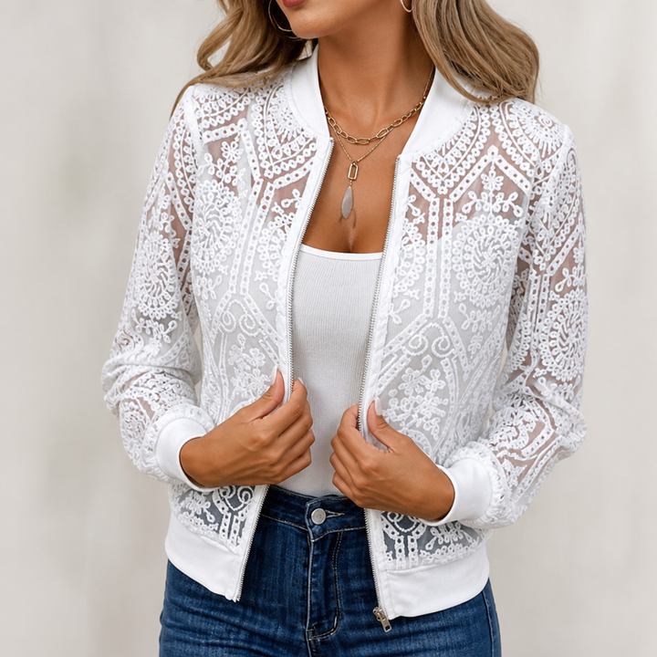 Sheer Floral Lace Bomber Jacket
