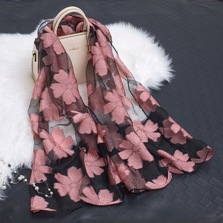 Silk Scarf with Cut-Out Floral Motif