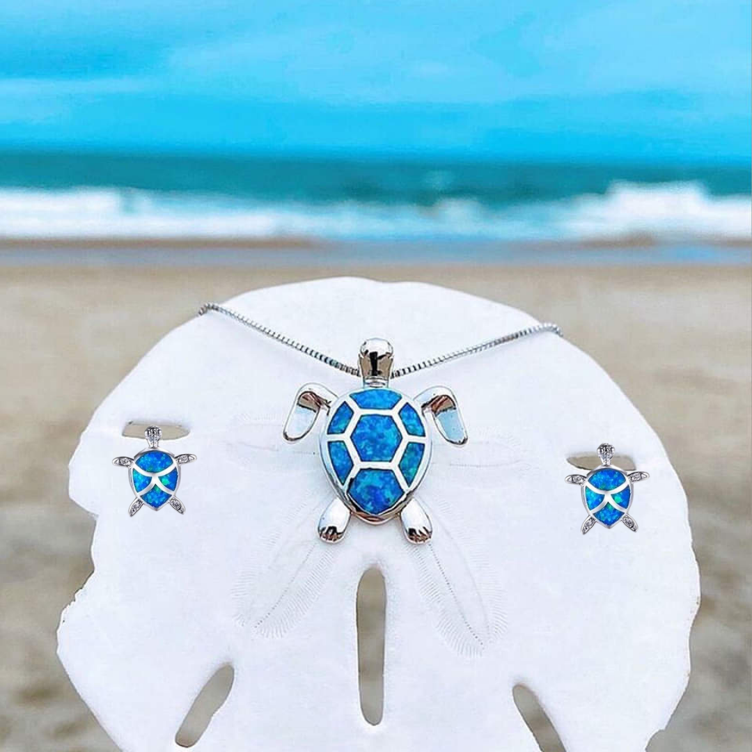 Silver Sea Turtle Necklace and Earrings Set