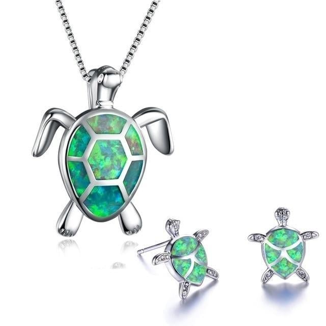Silver Sea Turtle Necklace and Earrings Set