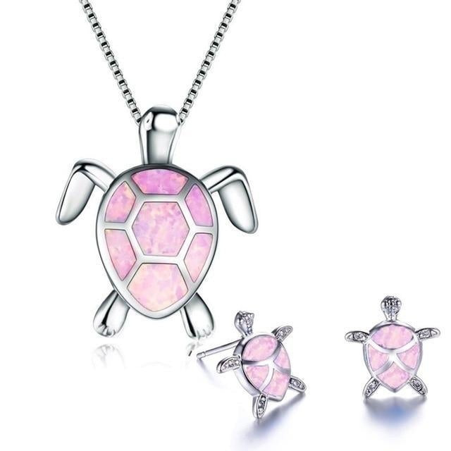 Silver Sea Turtle Necklace and Earrings Set